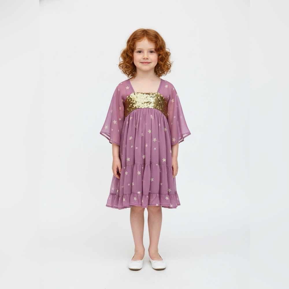 NWT I Love Gorgeous London Mauve Gold Sequins‎ Stars 3/4 Sleeves Girls Dress 2/3